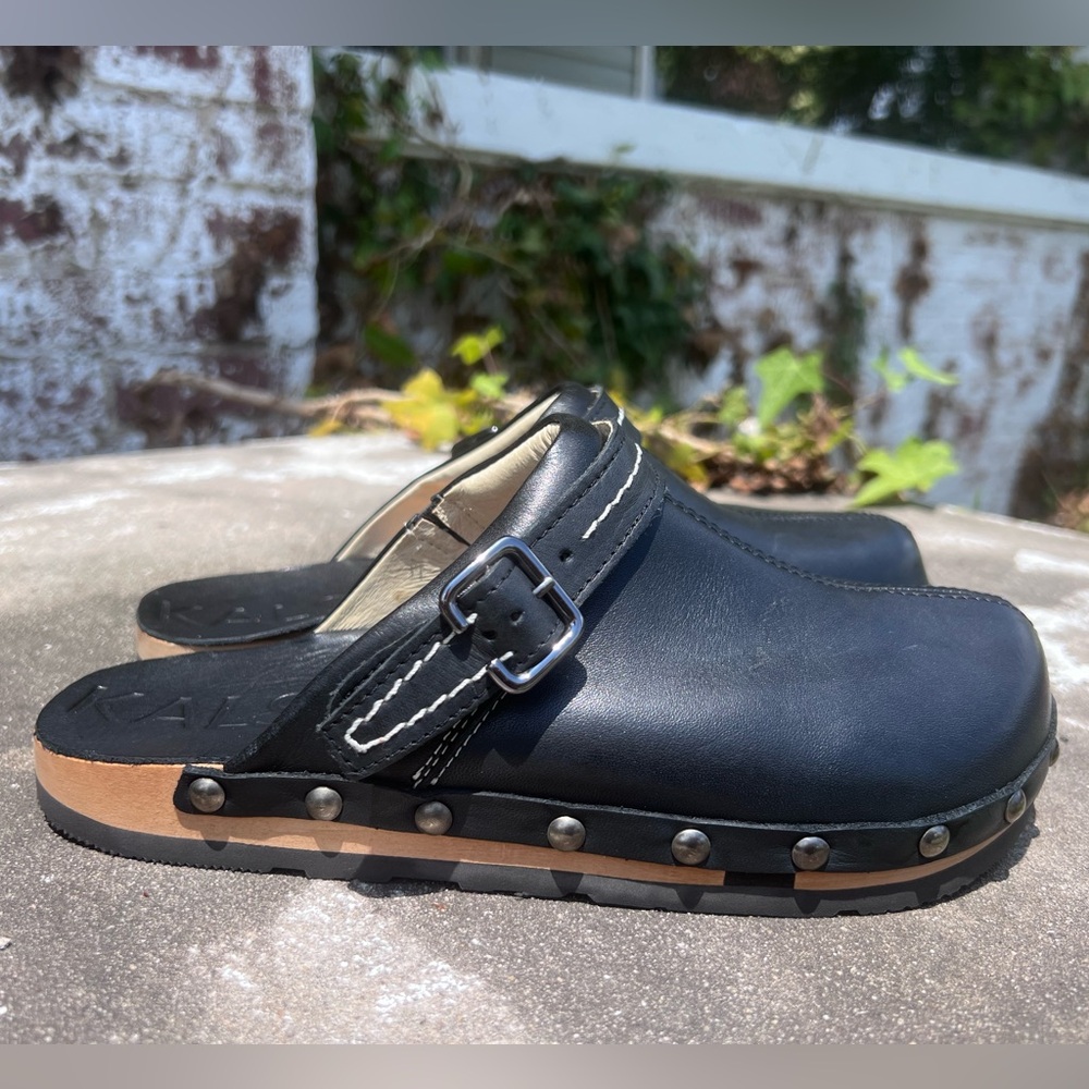 Kalso Earth Shanti Black Leather & Wood Slip Clogs Mules Negative Heel Sz 7 NWOB